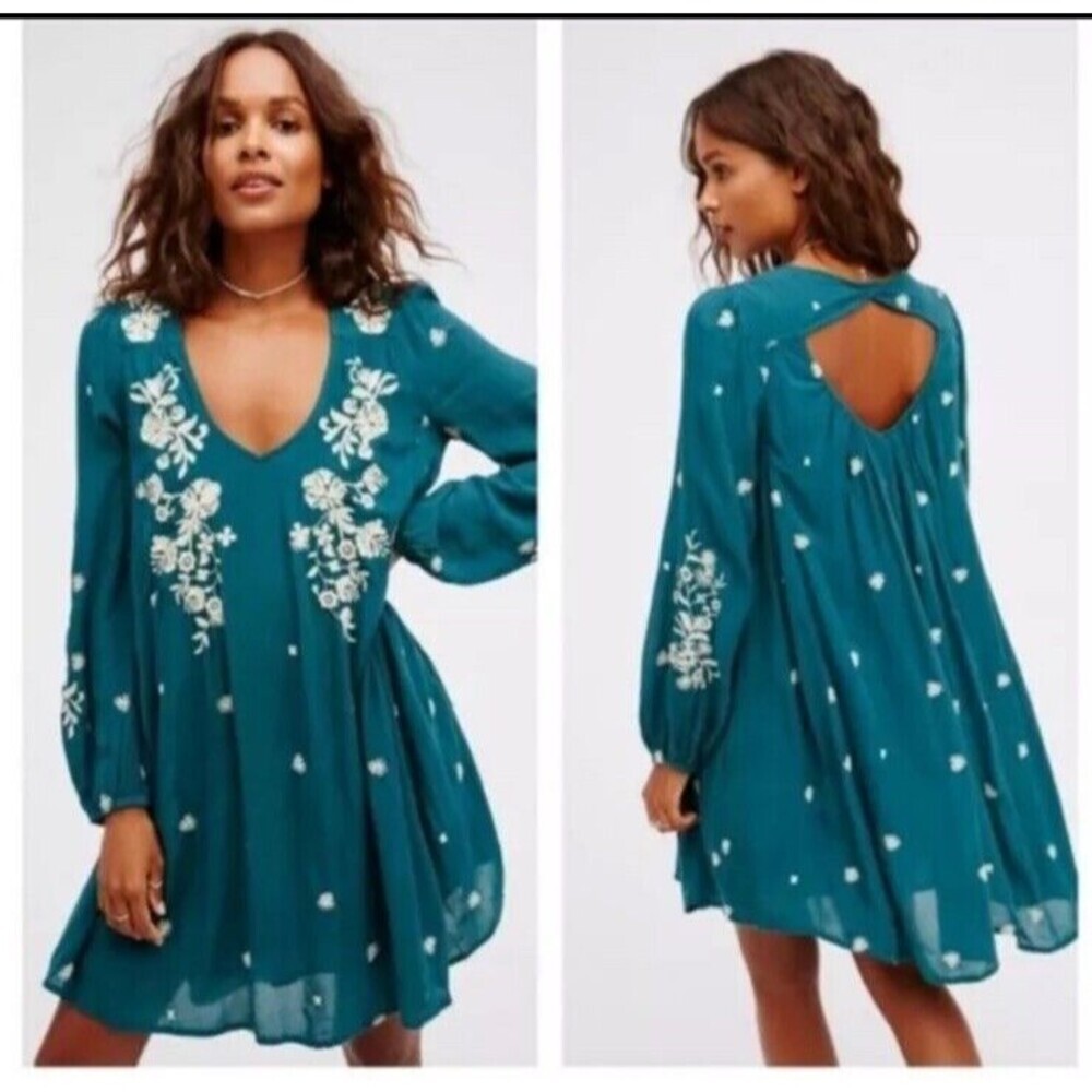 Free People Oxford Teal Embroidered Swing Mini Dress